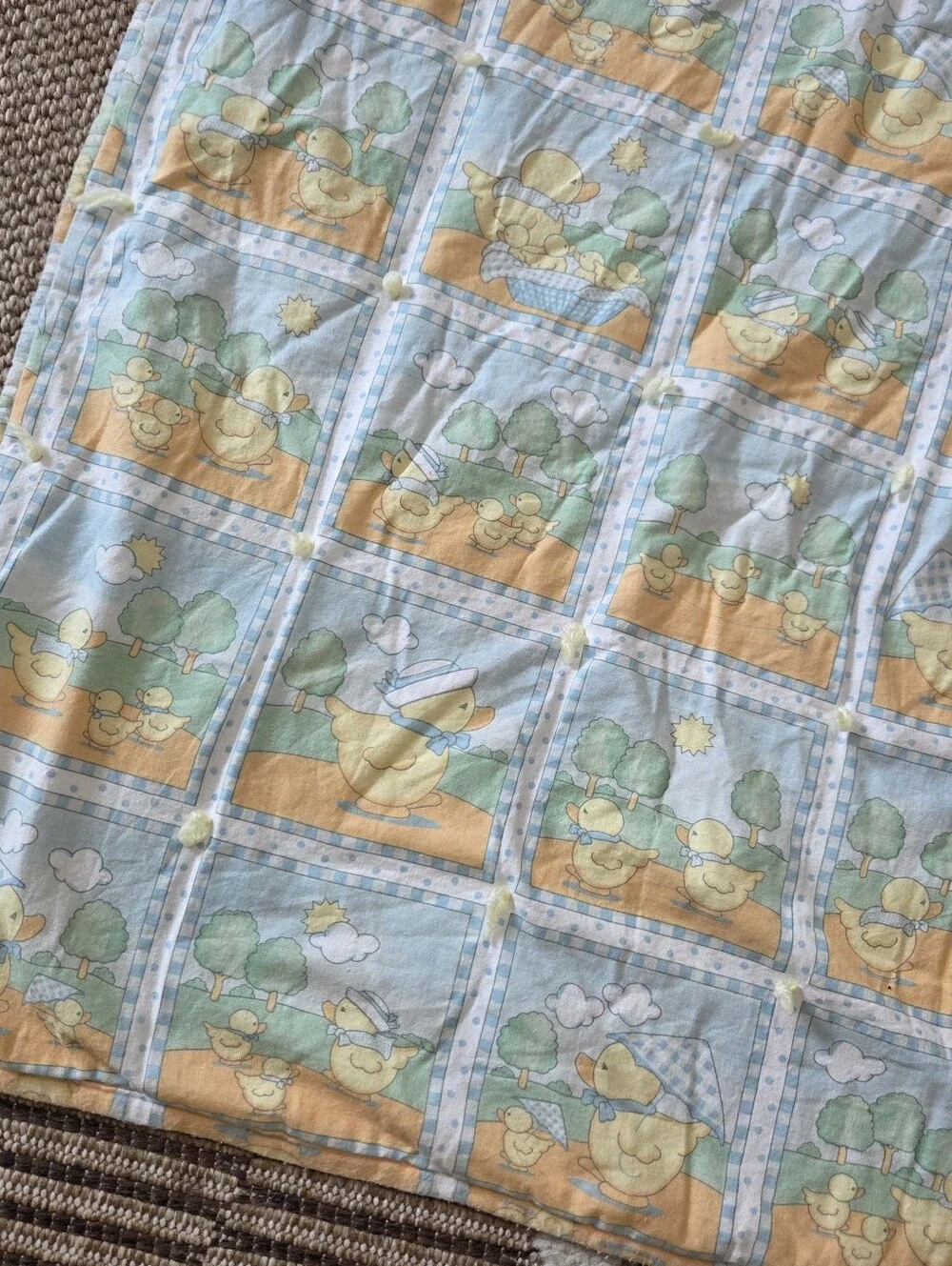 Vintage Baby Duck Print Cotton Toddler Or Baby Quilt - Blue & Yellow